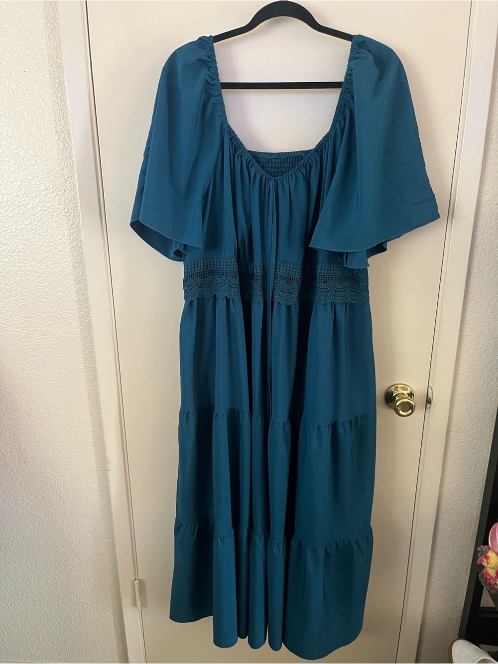 SHEIN Teal Puff Sleeve Maxi Dress with Crochet Waist